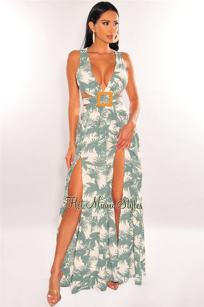 White Palm Print Cut Out Lace Up Back Belted Double Slit Maxi Dress - Hot Miami Styles