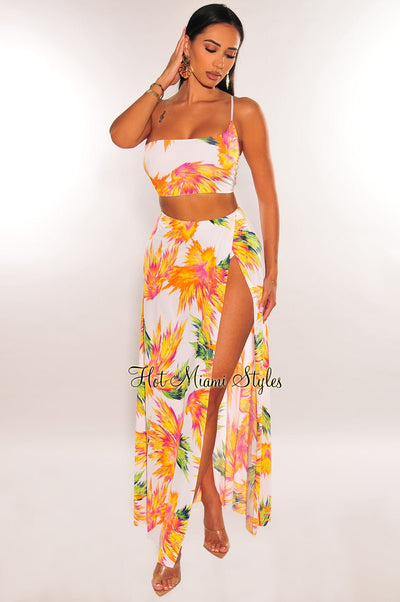 White Palm Print One Shoulder Slit Maxi Skirt Two Piece Set - Hot Miami Styles