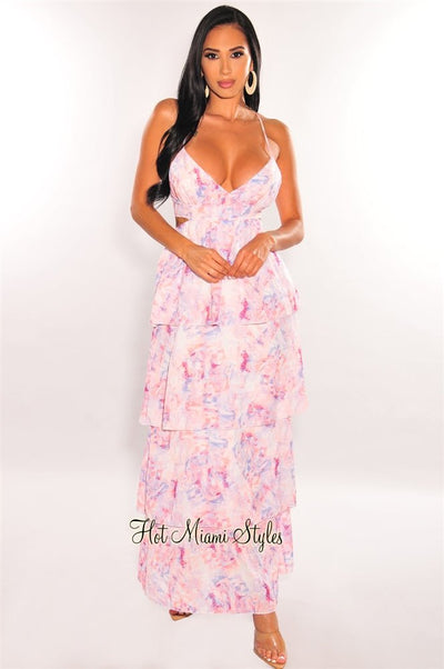 White Pink Print Spaghetti Straps Cut Out Layered Maxi Dress - Hot Miami Styles