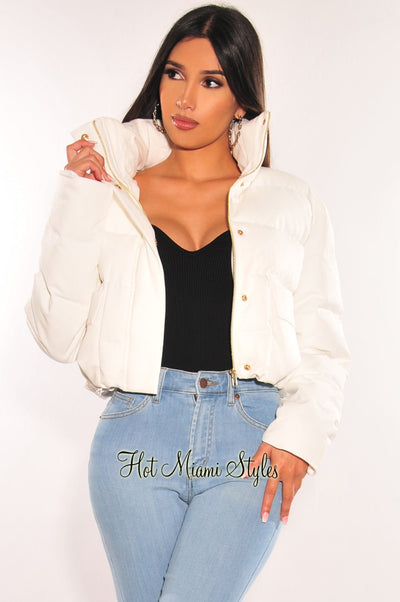 White Puffer Bomber Zipper Long Sleeve Cropped Jacket - Hot Miami Styles