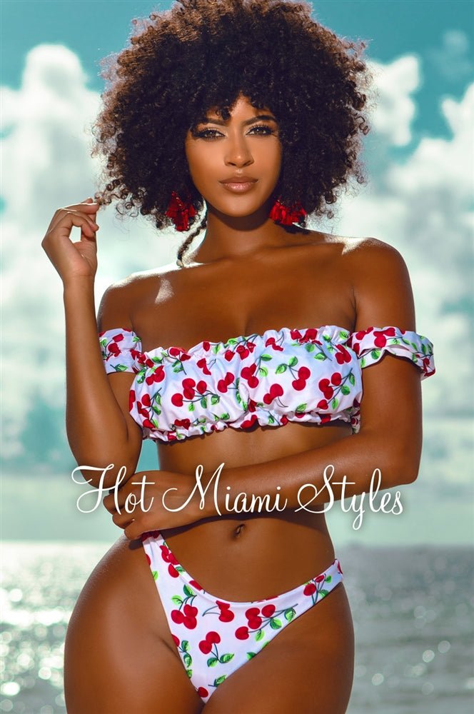 White Red Cherry Off Shoulder Ruffle Trim Bikini Top - Hot Miami