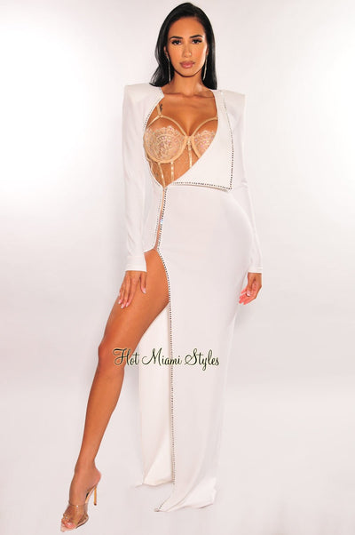 White Rhinestone Underwire Lace Bodysuit Long Sleeve Cut Out Slit Gown - Hot Miami Styles