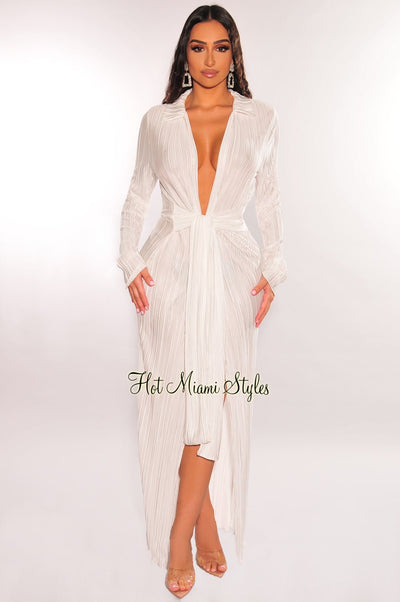 White Ribbed Collared Belted Long Sleeve Duster - Hot Miami Styles