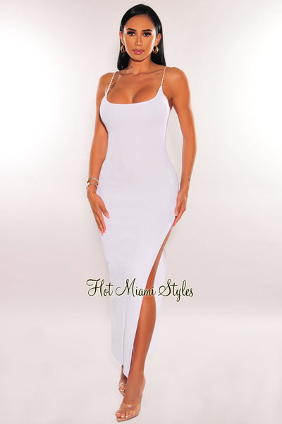 White Ribbed Gold Chain Spaghetti Strap Slit Dress - Hot Miami Styles
