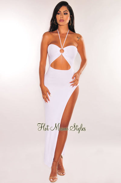 White Ribbed Halter O-Ring Cut Out Slit Maxi Dress - Hot Miami Styles