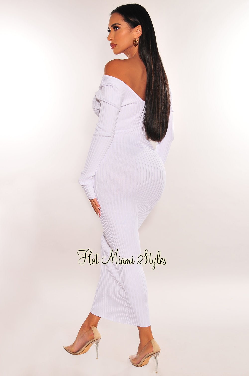 ribbed dress white White Ribbed Knit Long Sleeves Dress Medium