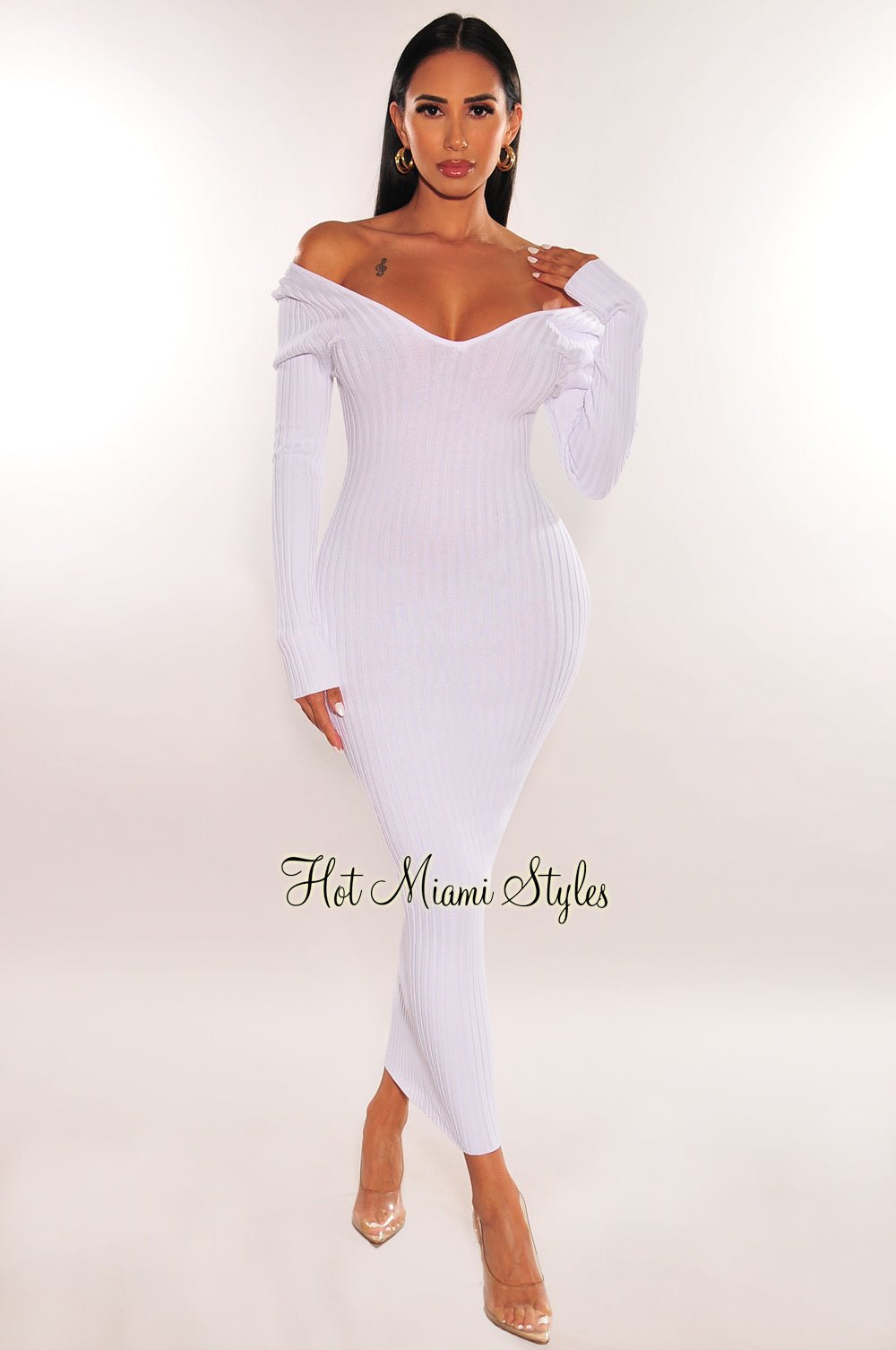 White Ribbed Knit Long Sleeves Dress Medium