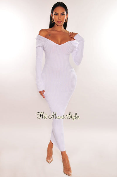 White Ribbed Knit Long Sleeves Dress - Hot Miami Styles