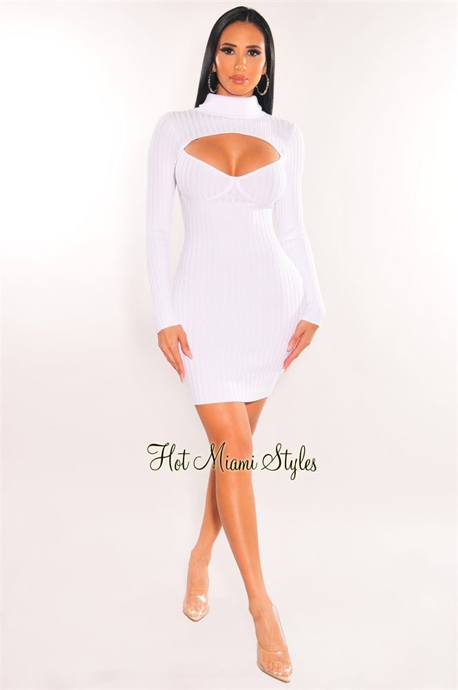 White Ribbed Knit Turtle Neck Long Sleeve Cut Out Dress - Hot Miami Styles Small White Ribbed Knit Turtle Neck Long Sleeve Cut Out Dress - Hot Miami Styles Small