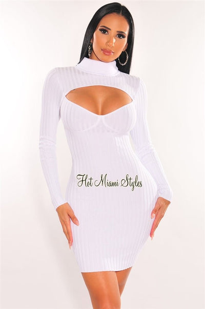 White Ribbed Knit Turtle Neck Long Sleeve Cut Out Dress - Hot Miami Styles Medium White Ribbed Knit Turtle Neck Long Sleeve Cut Out Dress - Hot Miami Styles Medium