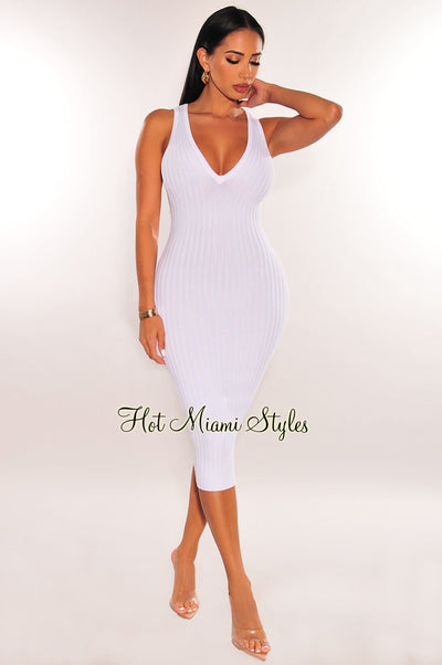 White Ribbed Knit V Neck Sleeveless Dress - Hot Miami Styles