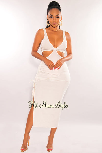 White Ribbed Knotted Cut Out Ruched Slit Dress - Hot Miami Styles
