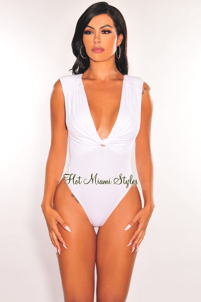 White Ribbed Sleeveless V Neck Knotted Open Back Bodysuit - Hot Miami Styles