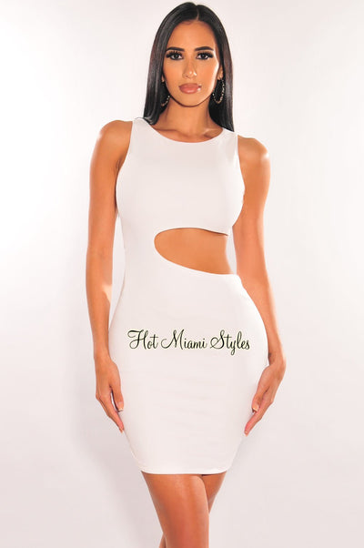 White Round Neck Sleeveless Cut Out Mini Dress - Hot Miami Styles