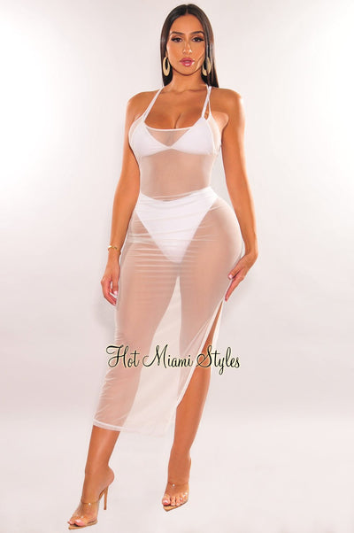 White Sheer Mesh Spaghetti Straps Cover Up Slit Dress - Hot Miami Styles