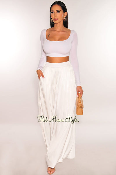 White Silky High Waist Pleated Palazzo Pants - Hot Miami Styles