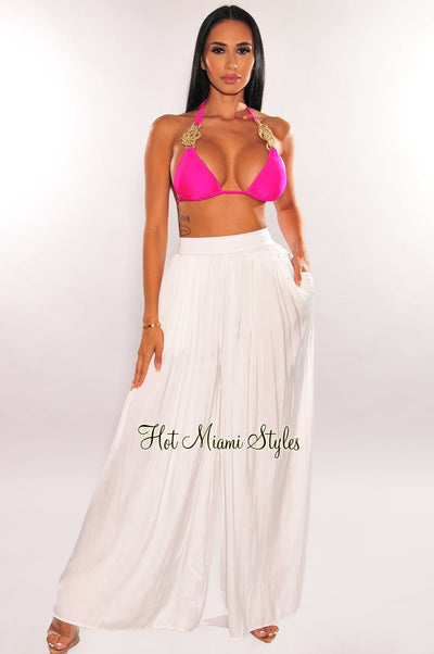 White Silky High Waist Pleated Palazzo Pants - Hot Miami Styles