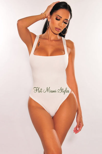 White Silky Sleeveless Square Neck Bodysuit - Hot Miami Styles