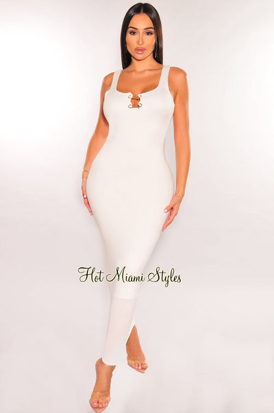 White Sleeveless Gold Ring Cut Out Ruched Back Dress - Hot Miami Styles