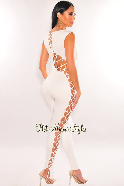 White Sleeveless Lace Up Jumpsuit - Hot Miami Styles