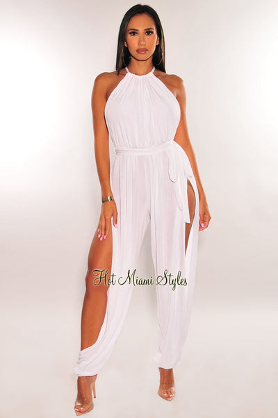 White Slit Hem Belted Harem Jumpsuit - Hot Miami Styles