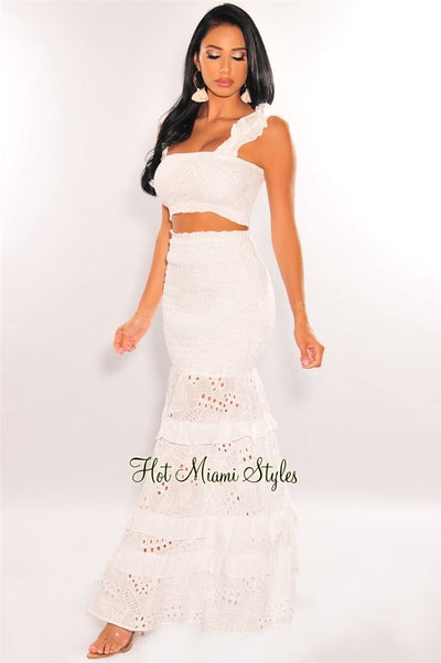 White Smocked Ruffle Crochet Maxi Skirt Two Piece Set - Hot Miami Styles