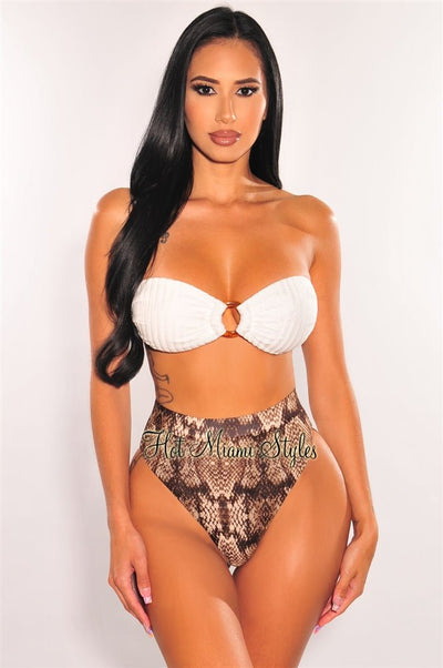 White Snake Print Crochet Bandeau O-Ring High Cut Bikini - Hot Miami Styles