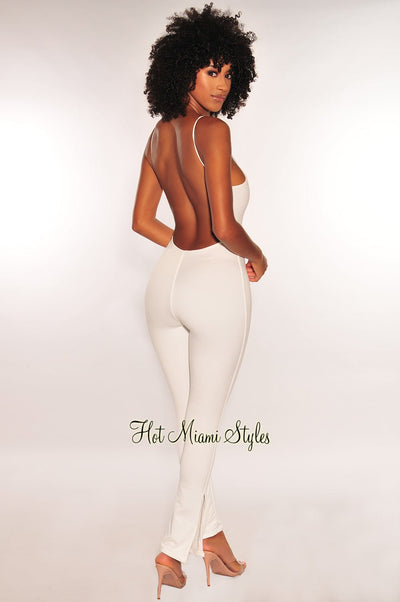White Spaghetti Strap V Neck Open Back Slit Jumpsuit - Hot Miami Styles