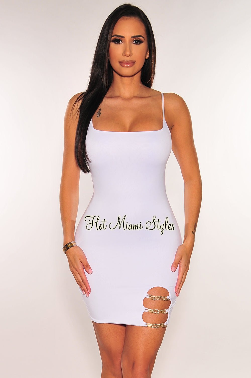 White Spaghetti Straps Gold Chain Mini Dress - Hot Miami Styles Large White Spaghetti Straps Gold Chain Mini Dress - Hot Miami Styles Large
