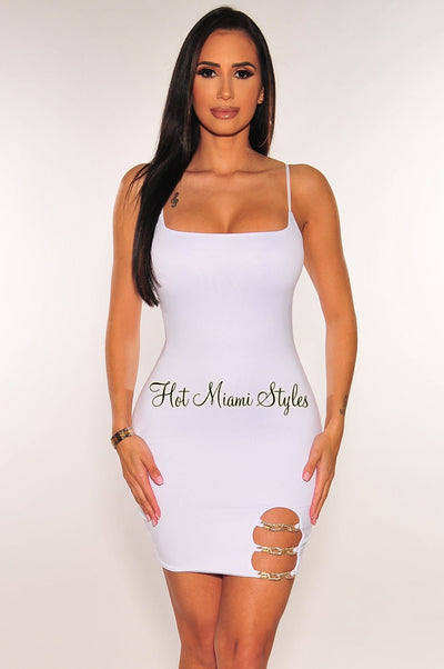 White Spaghetti Straps Gold Chain Mini Dress - Hot Miami Styles