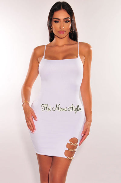 White Spaghetti Straps Gold Chain Mini Dress - Hot Miami Styles