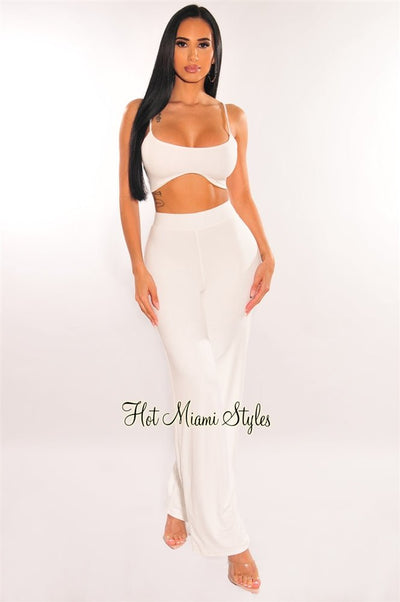 White Spaghetti Straps High Waist Palazzo Pant Two Piece Set - Hot Miami Styles
