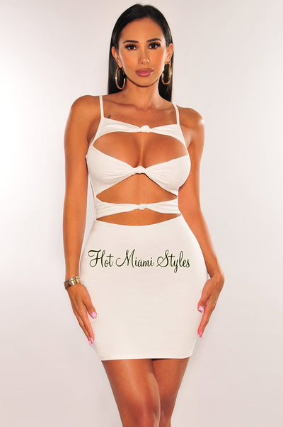 White Spaghetti Straps Knotted Cut Out Mini Dress - Hot Miami Styles
