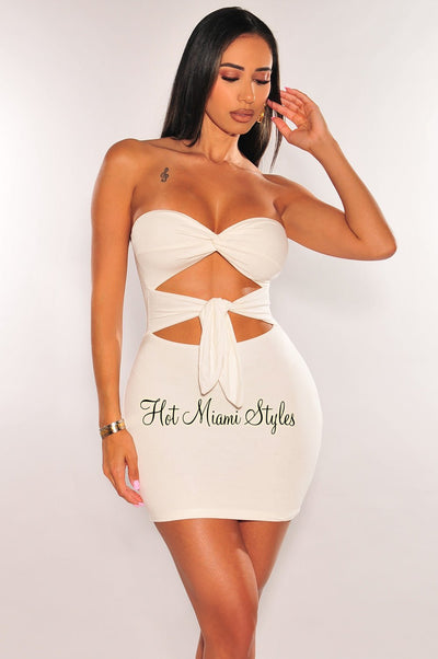 White Strapless Cut Out Knotted Tie Up Mini Dress - Hot Miami Styles