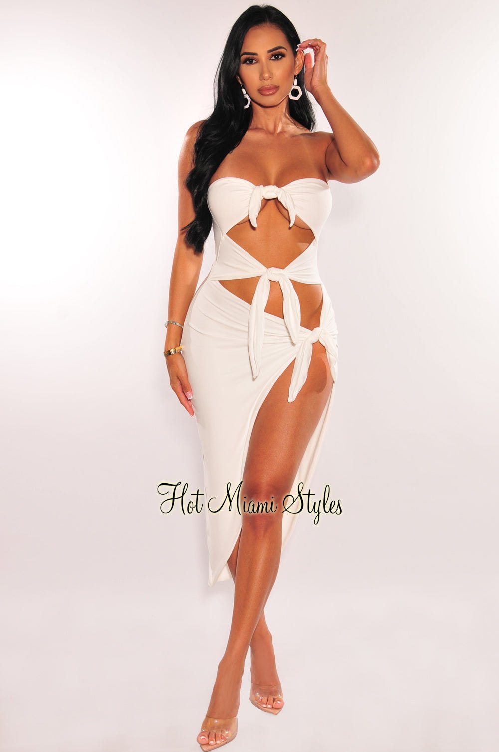 White Strapless Tie Up Cut Out Slit Midi Dress Hot Miami Styles White Strapless Tie Up Cut Out Slit Midi Dress Hot Miami Styles