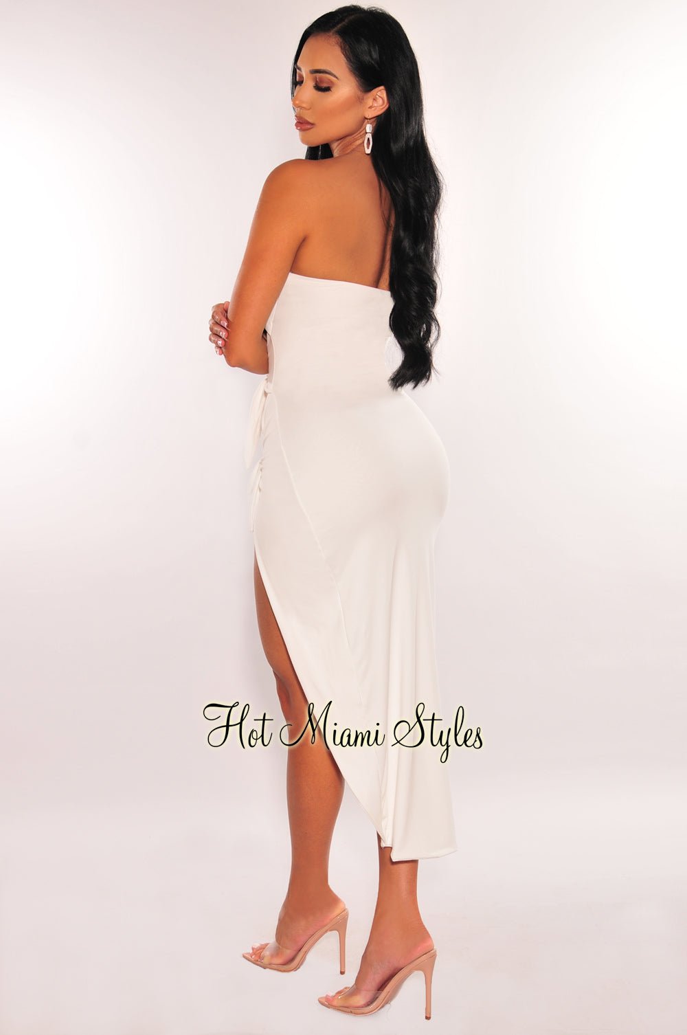 White Strapless Tie Up Cut Out Slit Midi Dress Hot Miami Styles White Strapless Tie Up Cut Out Slit Midi Dress Hot Miami Styles