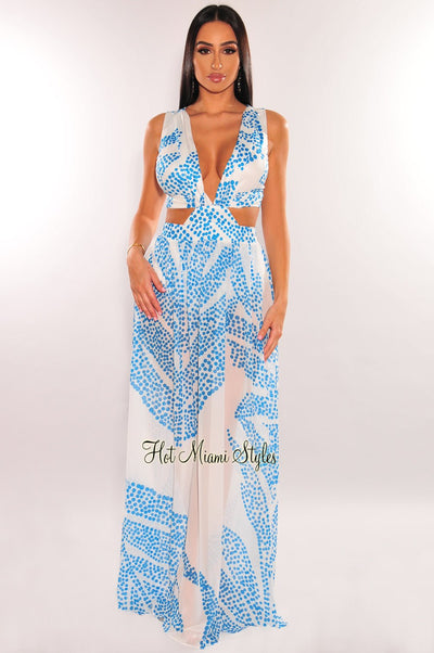 White Teal Palm V Neck Cut Out Maxi Dress - Hot Miami Styles