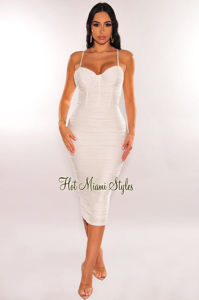 White Textured Padded Faux Boned Spaghetti Strap Slit Midi Dress - Hot Miami Styles