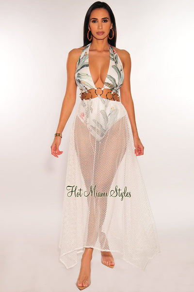 White Tropical Palm Print Halter O-Ring Net Maxi Dress - Hot Miami Styles