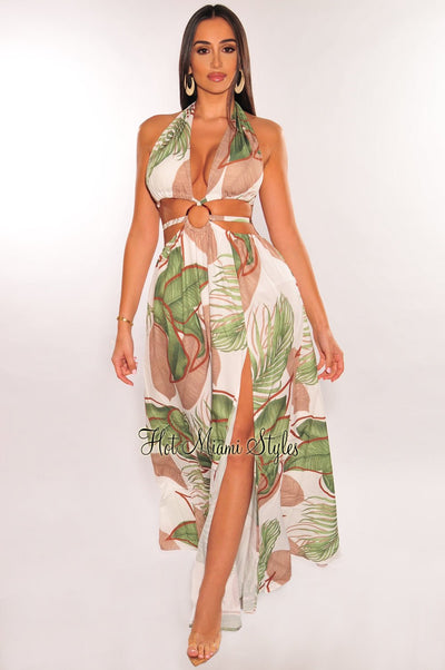 White Tropical Palm Print Halter Padded Belted Slit Maxi Dress - Hot Miami Styles