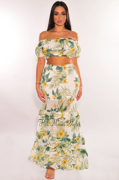 White Tropical Print Off Shoulder Smocked Ruffle Maxi Skirt Two Piece Set - Hot Miami Styles