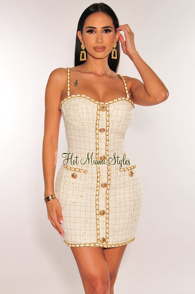 White Tweed Gold Chain Padded Mini Dress - Hot Miami Styles