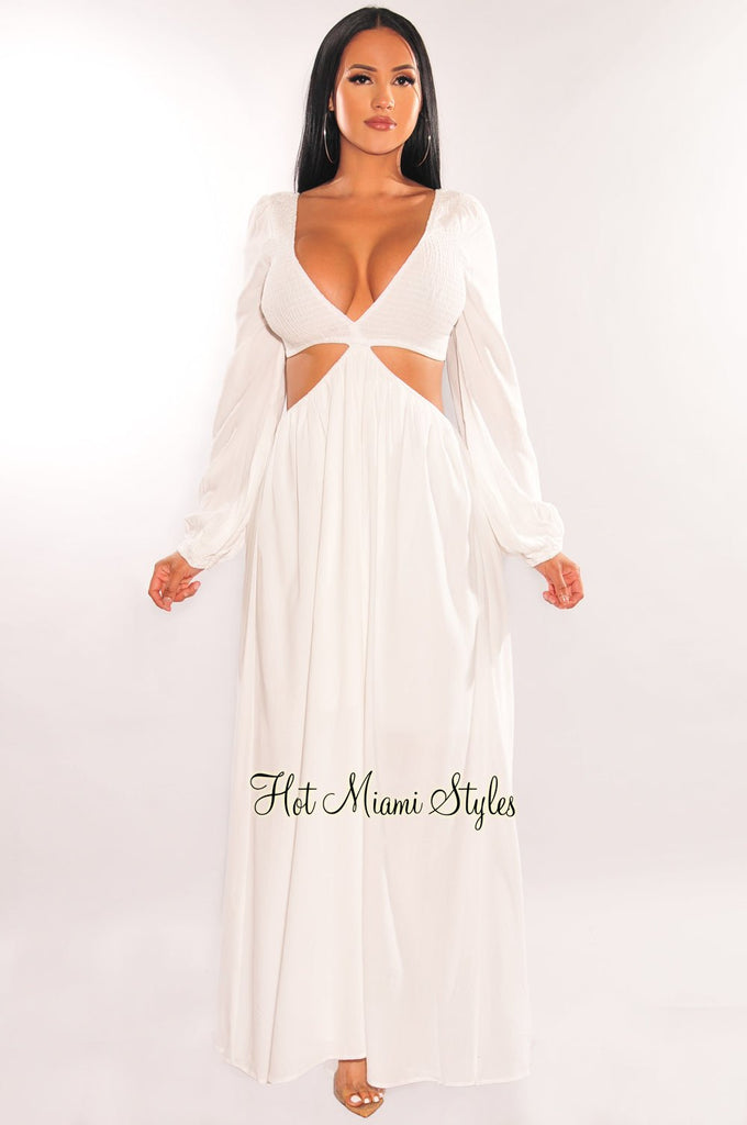 White V Neck Smocked Cut Out Long Sleeve Maxi Dress – Hot Miami Styles