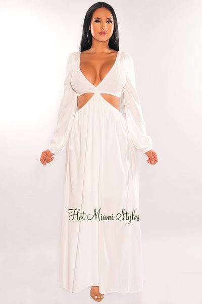 White V Neck Smocked Cut Out Long Sleeve Maxi Dress - Hot Miami Styles