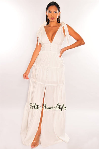 White V Neck Tie Up Button Up Slit Tiered Maxi Dress - Hot Miami Styles