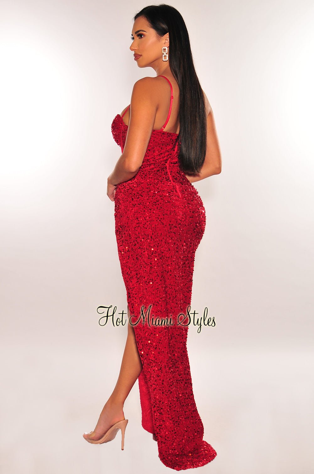 Wine Red Sequin Dress With Spaghetti Straps For Womens Slim Fit