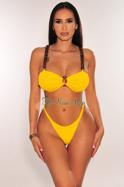 Yellow Acrylic Chain O-Ring Textured Scrunch Butt Bikini - Hot Miami Styles