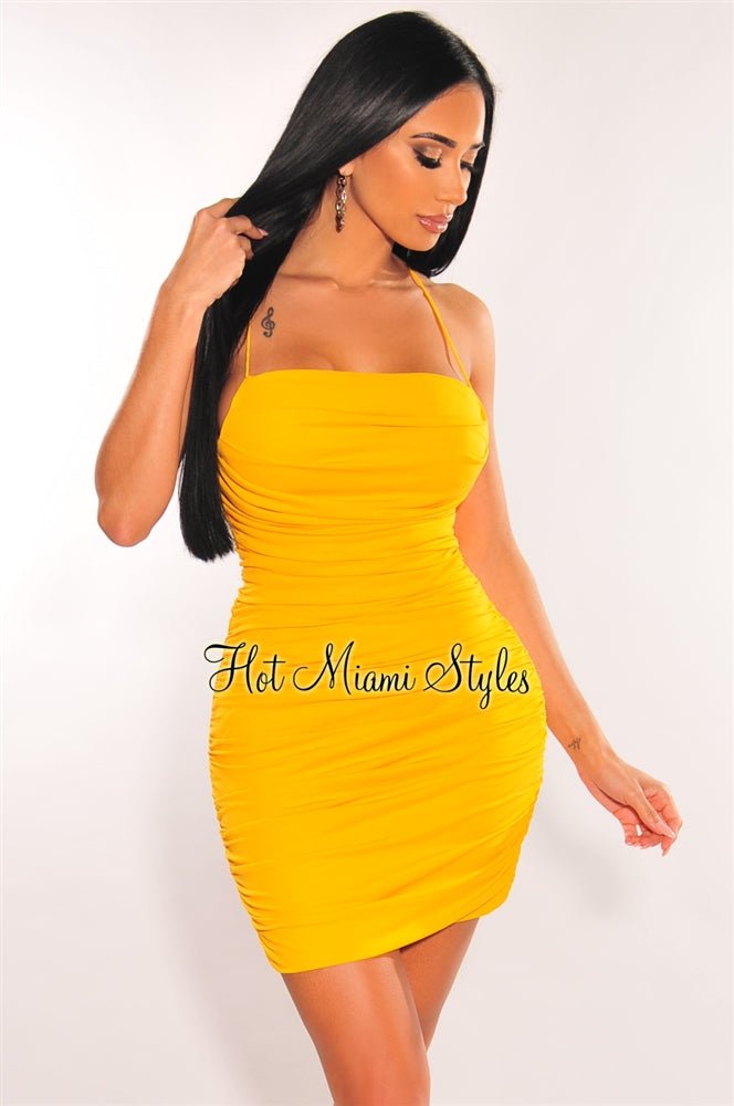 Yellow Double Elastic Straps Crisscross Ruched Dress - Hot Miami