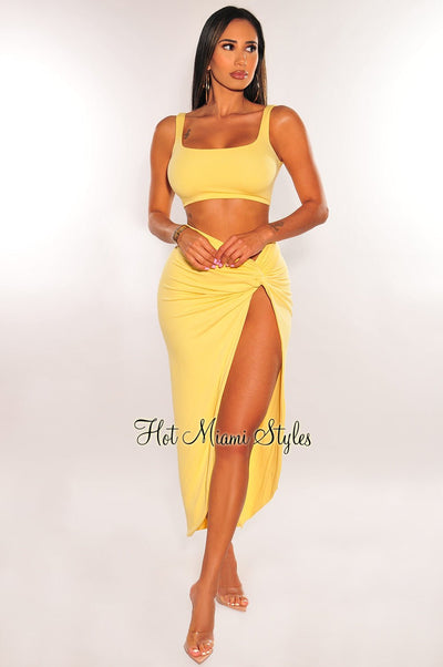 Yellow Double Lined Tank Knotted Slit Maxi Skirt Two Piece Set - Hot Miami Styles
