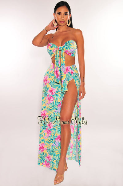 Yellow Floral Print Bandeau Tie Up Slit Skirt Two Piece Set - Hot Miami Styles
